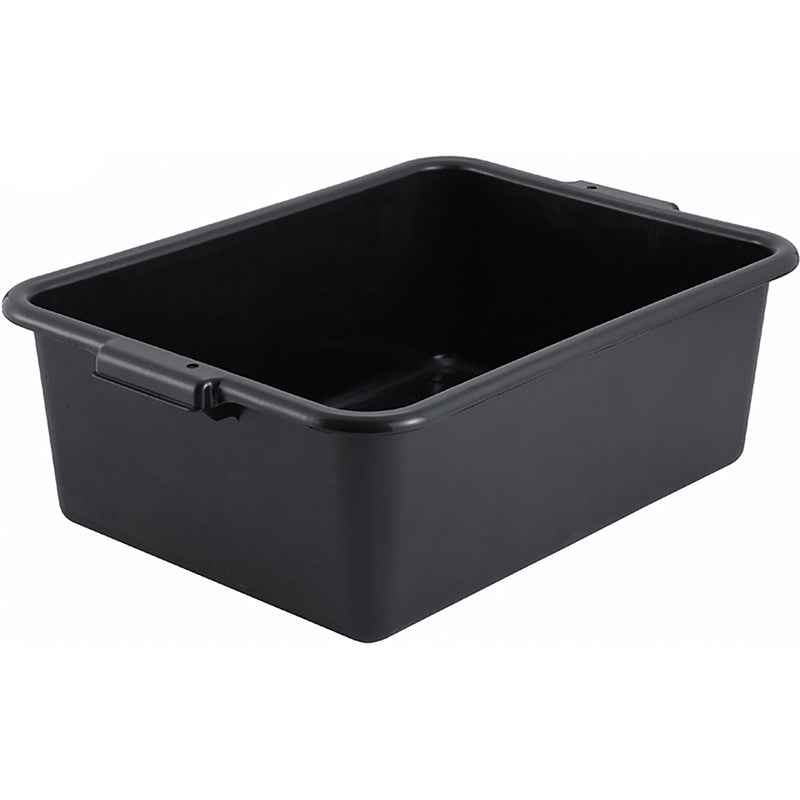 Winco 7-inch polypropylene dish bin in black, deep rectangular bus tub with moulded side handles, angled view