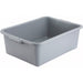 Winco 7-inch polypropylene dish bin in grey, deep rectangular bus tub with built-in end handles, angled view