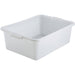 Winco 7-inch polypropylene dish bin in white, deep rectangular bus tub with moulded handles, angled side view