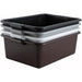 Winco 7-inch polypropylene dish bins in various colours, black, grey, white and brown bins shown stacked