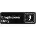 Winco 9" x 3" information sign in black with white Employees Only text and door entry icon