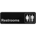Winco 9" x 3" information sign in black with white Restrooms text and male and female figure icons