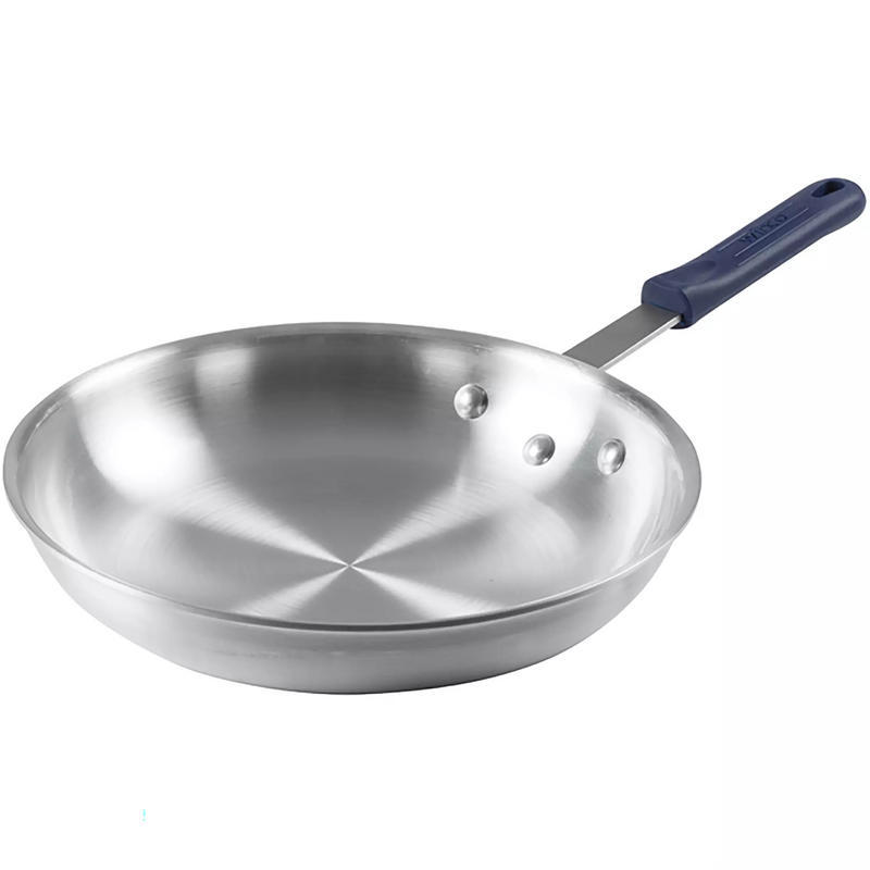 Winco AFP Series natural finish aluminum frying pan with blue removable handle sleeve, largest size option shown