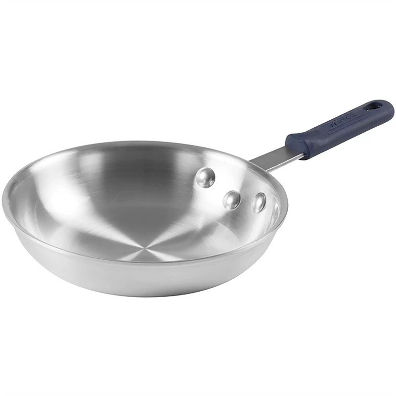 Winco AFP Series natural finish aluminum frying pan with blue silicone sleeve handle, smallest size shown