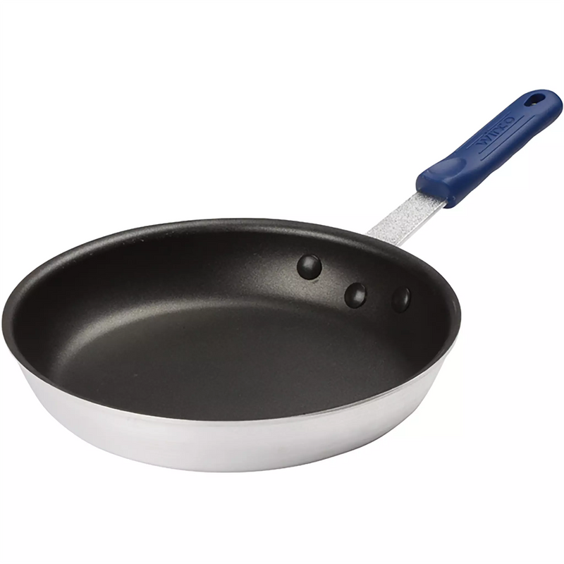 Winco AFP Series non-stick aluminum frying pan, black non-stick cooking surface and blue handle sleeve, mid size