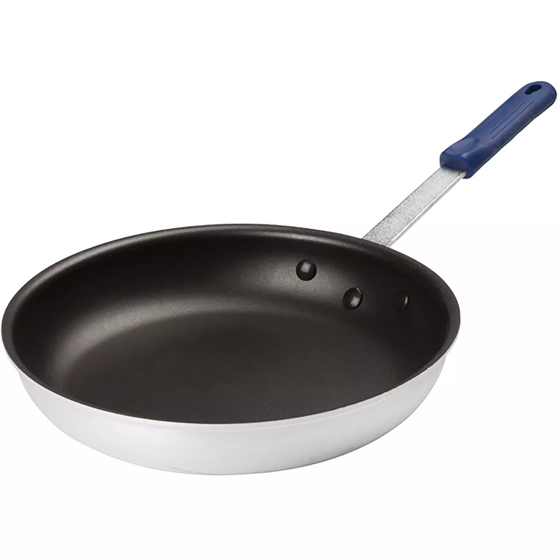 Winco AFP Series non-stick aluminum frying pan with black interior and blue silicone handle, largest size option