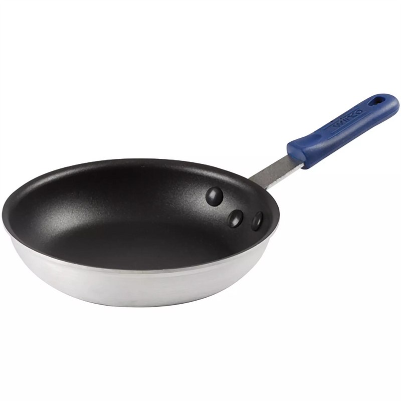 Winco AFP Series non-stick aluminum frying pan with black coated interior and blue silicone handle, smallest size