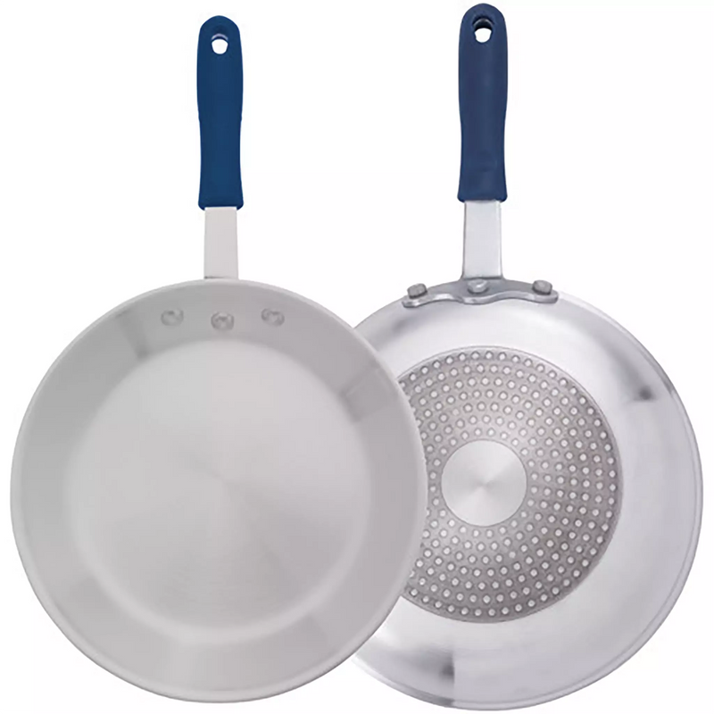 Winco AFPI Series induction natural finish aluminum fry pan with blue handle, interior and induction bottom shown
