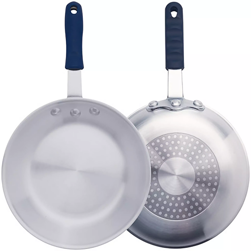 Winco AFPI Series induction natural finish aluminum fry pan, top view beside the stainless steel induction base