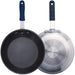 Winco AFPI Series induction non-stick aluminum fry pan, black interior beside the induction-ready stainless base