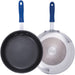Winco AFPI Series induction non-stick fry pan, top view of black coating and underside with induction disc