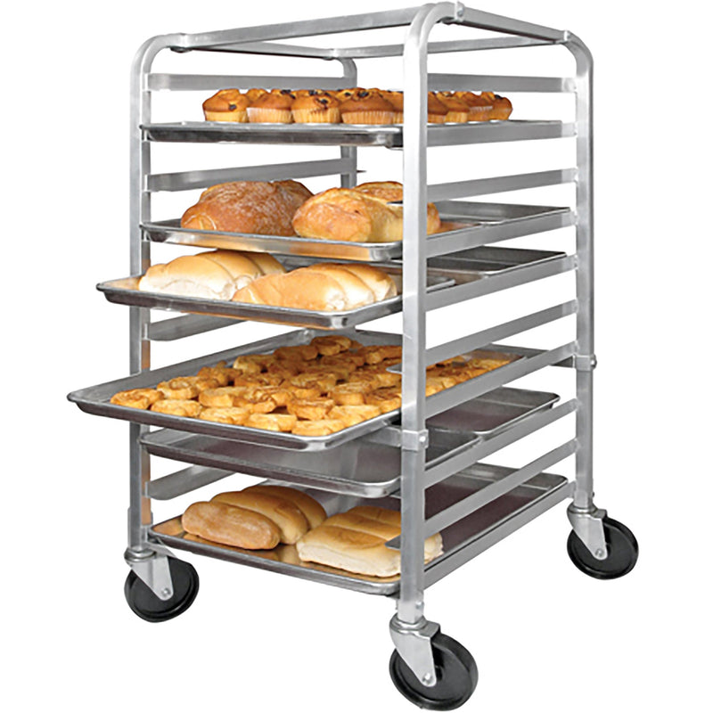 Winco ALRK-10 aluminum welded 10-tier sheet pan rack with 3 inch spacing, loaded with pans of bread and rolls