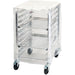 Winco ALRK-10-CV clear sheet pan rack cover on the ALRK-10 rack, alternate angle showing pans through the cover