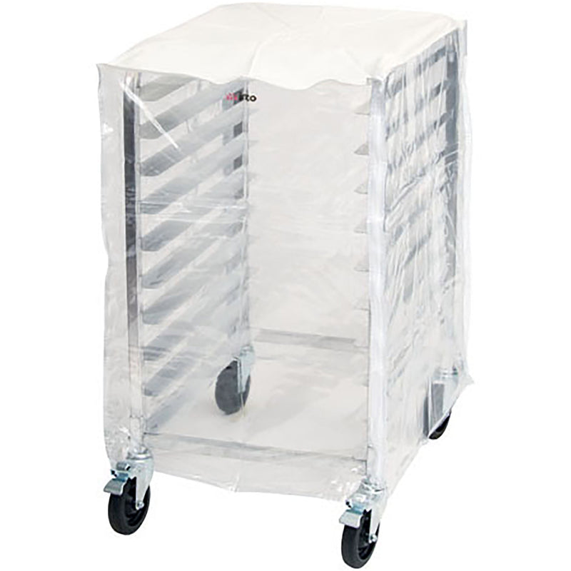 Winco ALRK-10-CV cover for ALRK-10 tier sheet pan rack, clear plastic cover shown fitted over the rack on casters