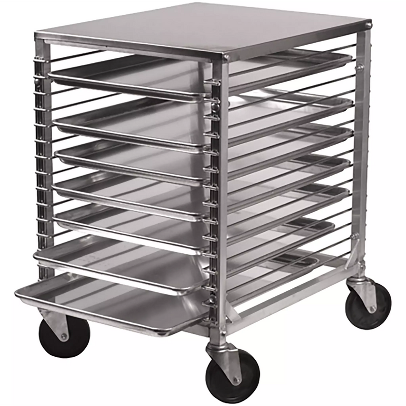 Winco ALRK-15 aluminum welded sheet pan rack, low rack with solid top loaded with sheet pans on four casters
