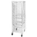 Winco ALRK-20-CV clear plastic sheet pan rack cover fitted over a mobile aluminum rack, alternate angle view