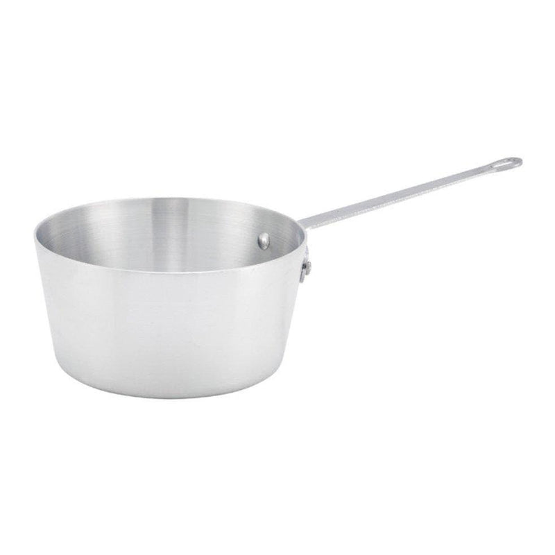 Winco ASP Series tapered aluminum sauce pan in a shallower size option with long riveted handle