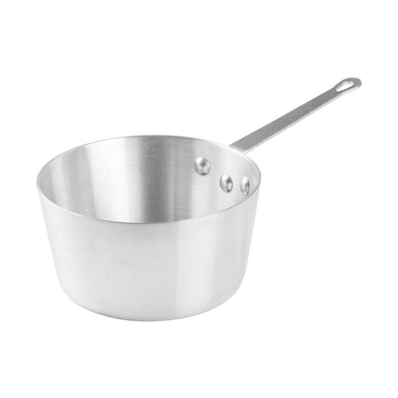 Winco ASP Series tapered aluminum sauce pan with riveted long steel handle and hanging hole, angled view