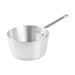 Winco ASP Series tapered aluminum sauce pan with riveted long steel handle and hanging hole, angled view