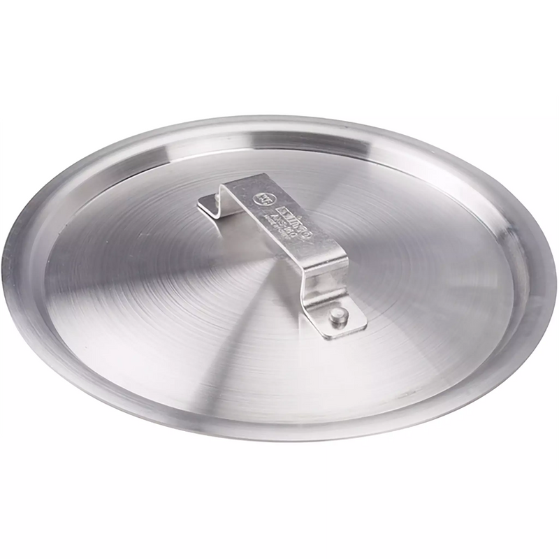 Winco AXS Series cover for Super Aluminum cookware, flat round aluminum lid with riveted handle, top view