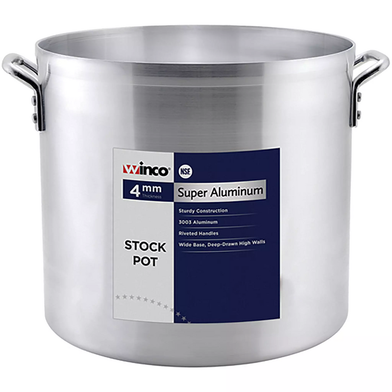 Winco AXS-Series Super Aluminum 4 mm stock pot with riveted side handles and product label, front view