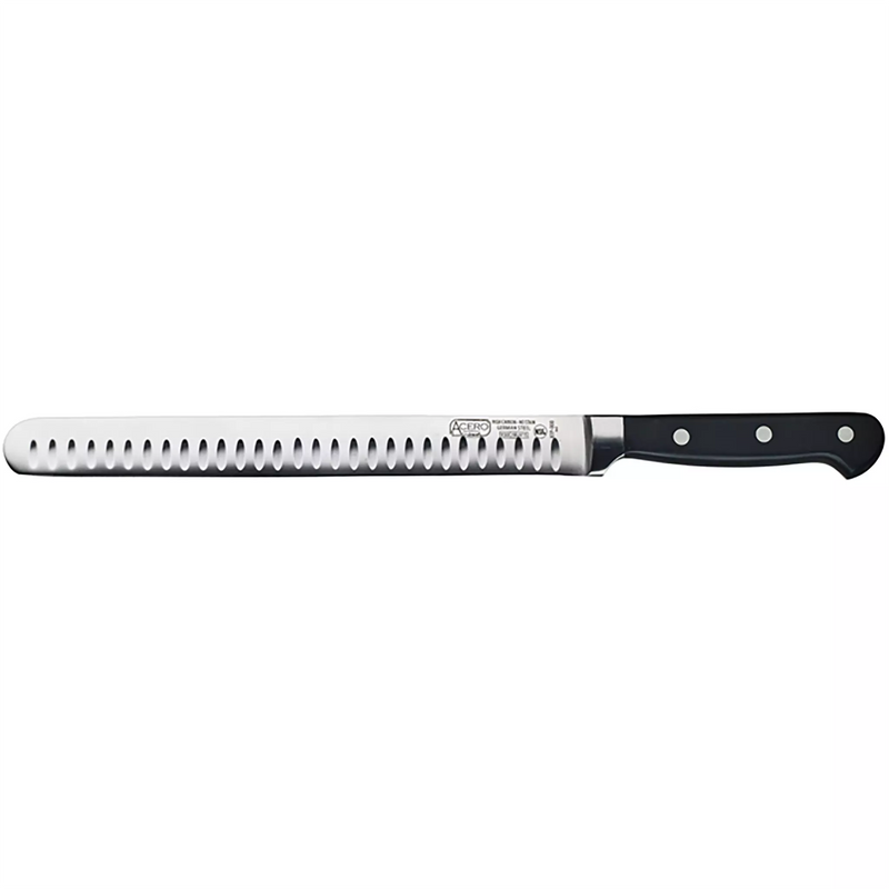 Winco Acero 10-inch fish/roast slicer with Granton edge blade and black riveted handle, full length side view