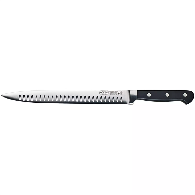 Winco Acero 10-inch Granton edge slicer, long narrow stainless steel blade with pointed tip and black handle