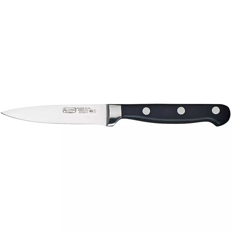 Winco Acero 3 1/2 inch paring knife with stainless steel blade and black triple-riveted handle