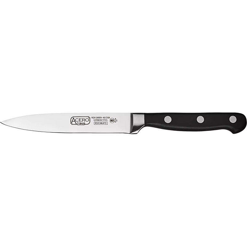 Winco Acero 5 inch utility knife with stainless steel blade and black triple-riveted handle