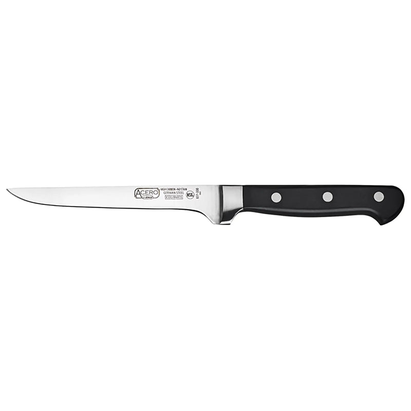 Winco Acero 6 inch boning knife with narrow stainless steel blade and black triple-riveted handle