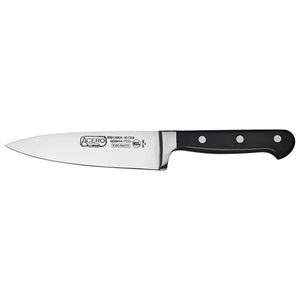 Winco Acero 6 inch chef's knife with forged stainless steel blade and black triple-riveted handle
