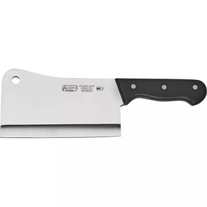 Winco Acero 7 inch cleaver with hanging hole, wide stainless steel blade and black riveted handle