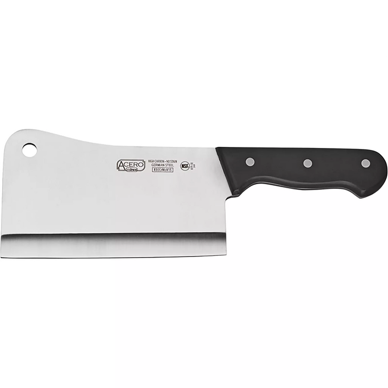 Winco Acero 7 inch cleaver with hanging hole, wide stainless steel blade and black riveted handle