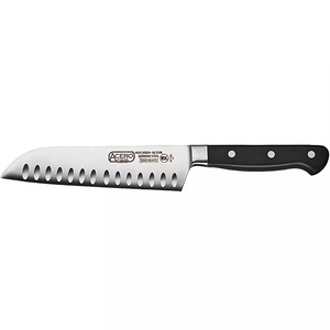 Winco Acero 7 inch santoku knife with hollow ground stainless steel blade and black riveted handle