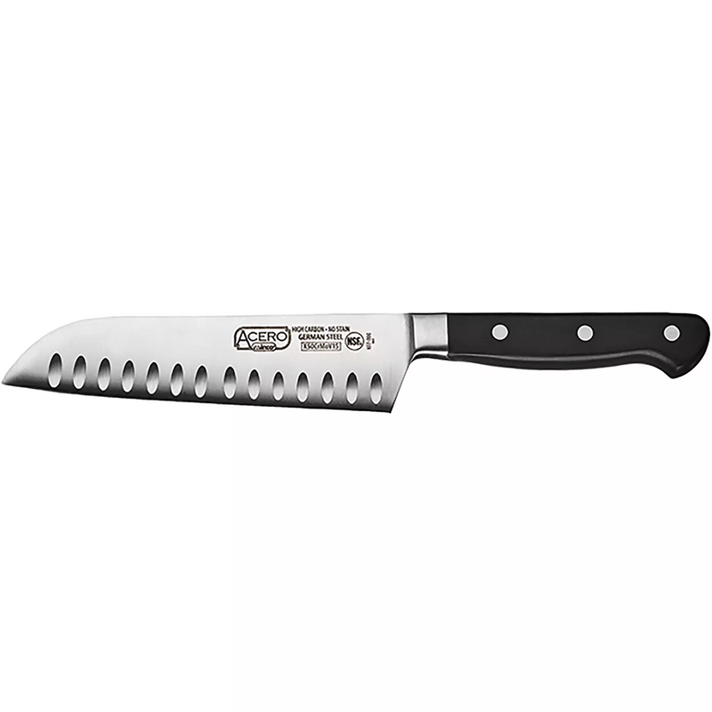 Winco Acero 7 inch santoku knife with hollow ground stainless steel blade and black riveted handle