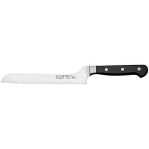 Winco Acero 8 inch offset bread knife with stainless steel blade and black triple-riveted handle