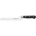 Winco Acero 8 inch offset bread knife with stainless steel blade and black triple-riveted handle