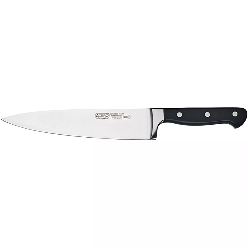 Winco Acero 8 inch chef's knife with forged stainless steel blade and black riveted handle