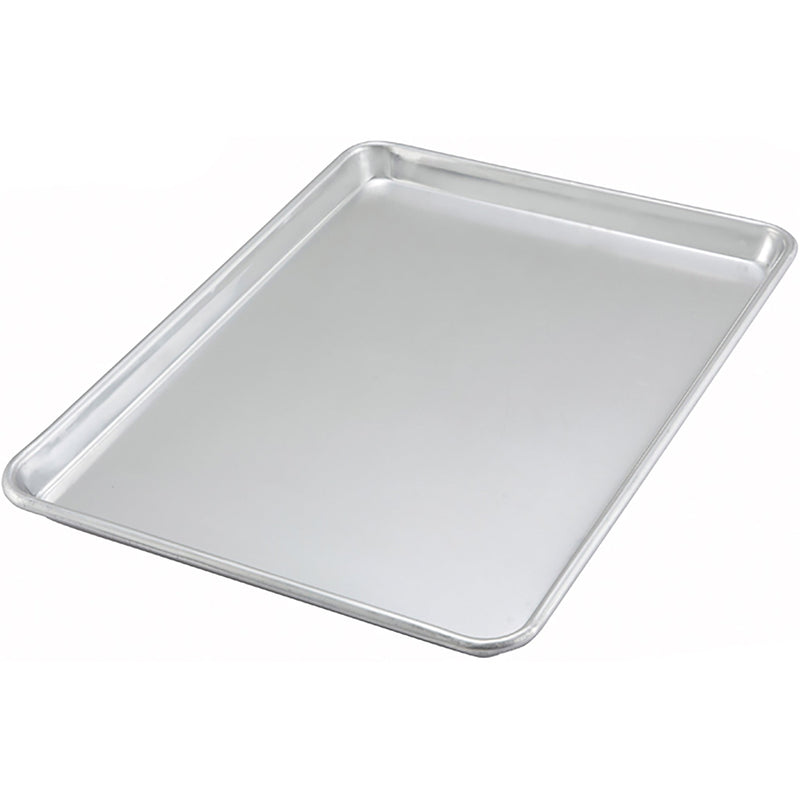 Winco aluminum 1/2 size sheet pan, natural aluminum half sheet bun pan with rolled edges, angled top view
