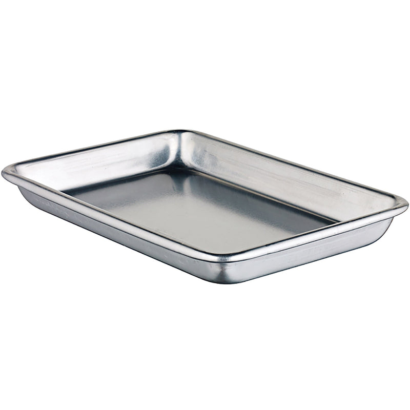 Winco aluminum 1/8 size sheet pan, small natural aluminum eighth sheet pan with raised sides, angled view