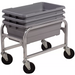 Winco aluminum bus bin and lug box cart loaded with three stacked grey lug boxes, shown on four swivel casters