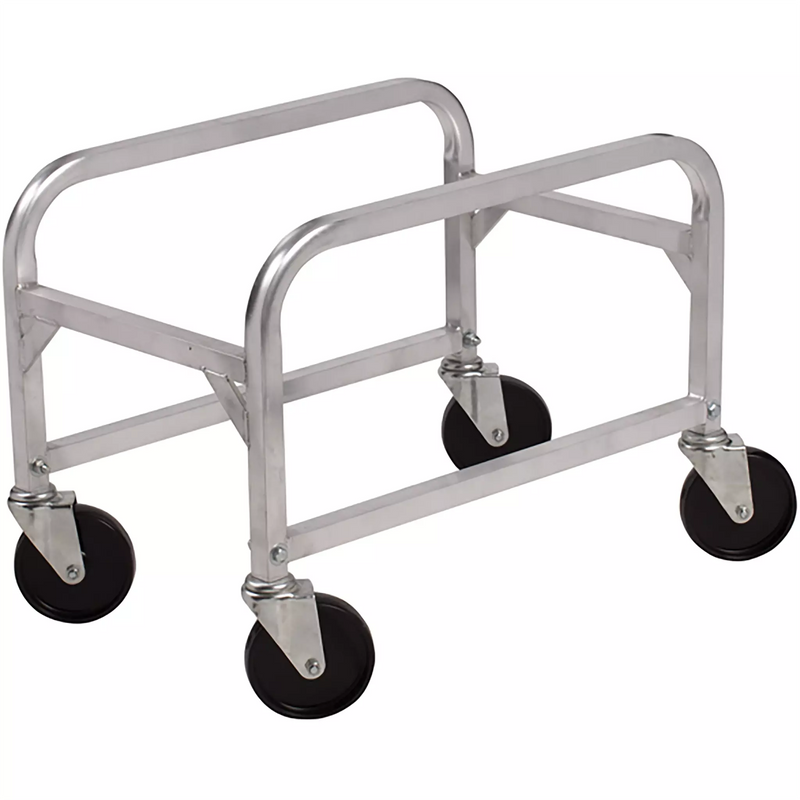 Winco aluminum bus bin and lug box cart, empty low-profile welded aluminum frame on four swivel casters