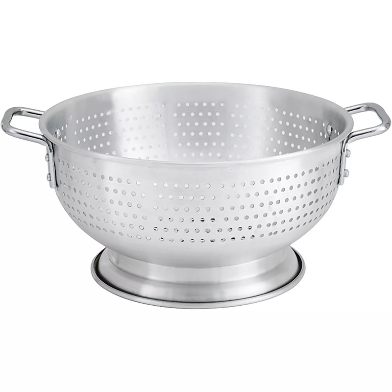 Winco aluminum colander with base and handles, round perforated bowl on a sturdy ring base, side view