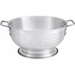 Winco aluminum colander with base and handles, round perforated bowl on a sturdy ring base, side view