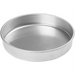 Winco aluminum layer cake pan, broad shallow round aluminum pan with smooth base, angled top view of a size option