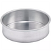 Winco aluminum layer cake pan, shallow round aluminum pan with rolled rim, top angled view of another size