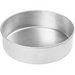 Winco aluminum layer cake pan, round brushed aluminum pan with straight sides, angled view of the first size