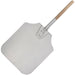 Winco aluminum pizza peel with wooden handle, wide square blade in a larger size option, angled view