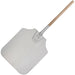 Winco aluminum pizza peel with wooden handle, square aluminum blade riveted to a long natural wood handle