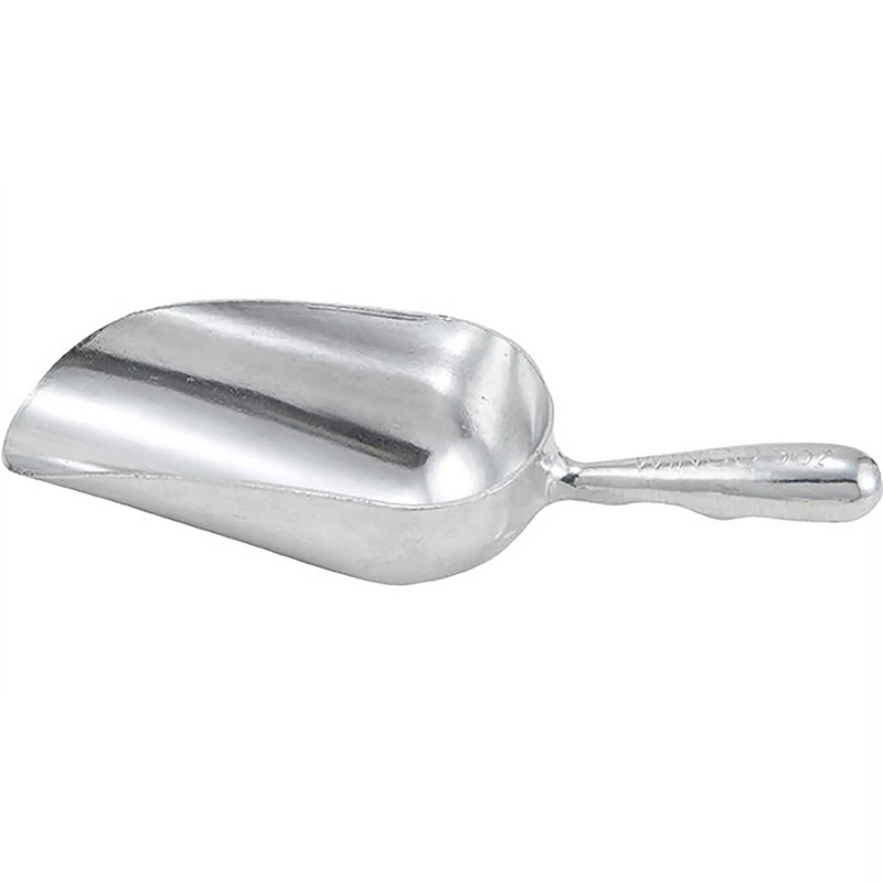 Winco aluminum scoop with round tubular handle and curved one-piece bowl, smallest size option shown